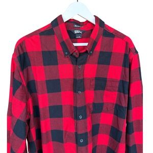Eddie Bauer Mens XL Red Black Buffalo Plaid Flannel Shirt Cotton Ranch Academia